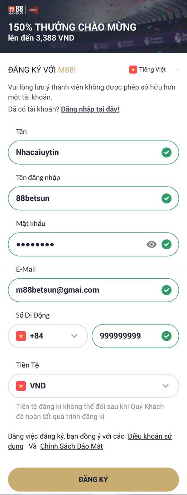 Đăng ký tài khoản M88